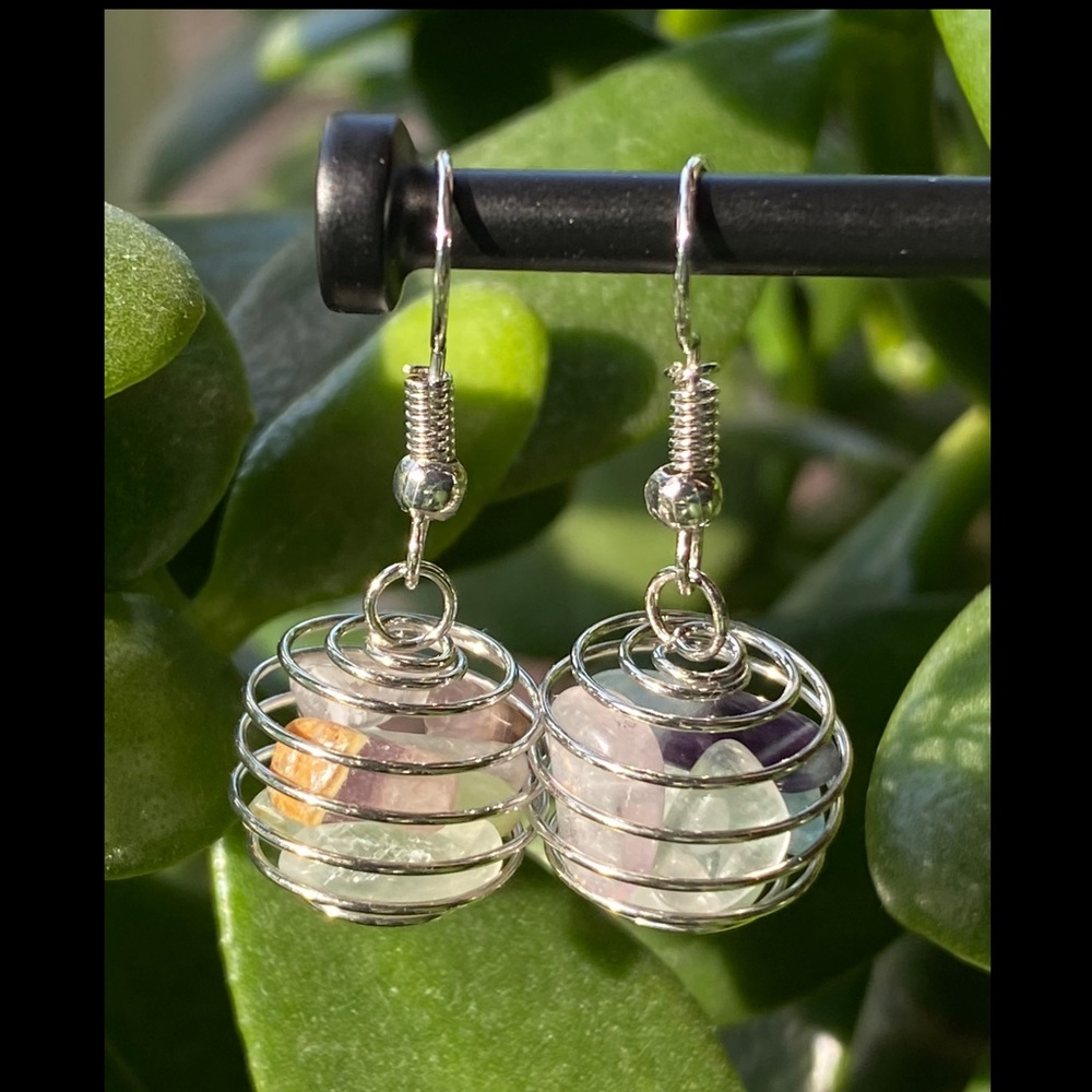Silver-tone Rainbow Fluorite Cage Earrings